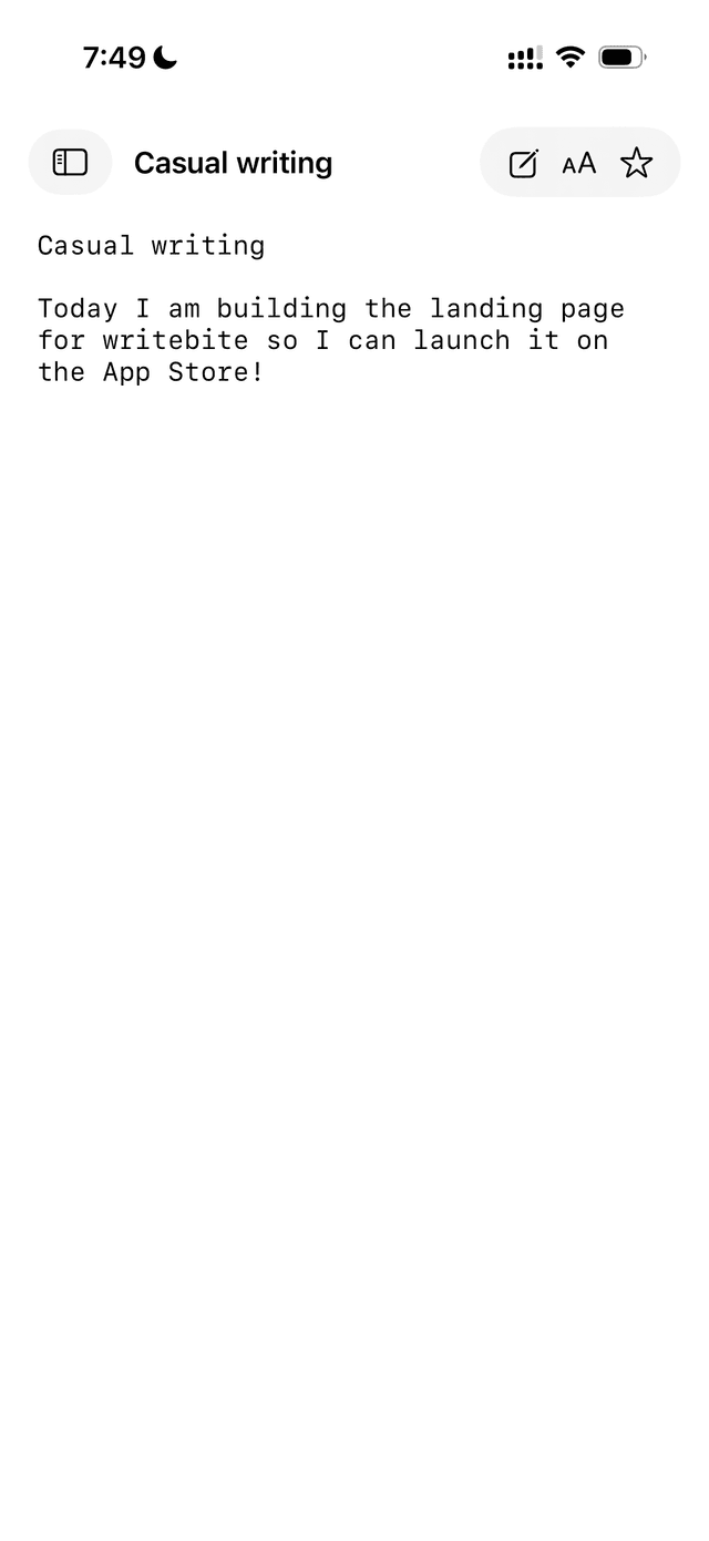 writebite writing page showing a clean, distraction-free editor